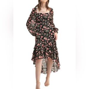 Lush  Floral Chiffon Dress coquette Puff Sleeve Ruffle High Low Romantic cottage